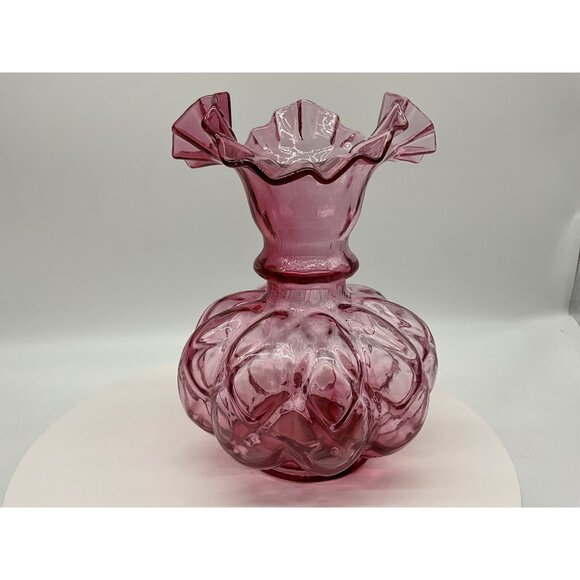 FENTON Cranberry Melon Vase Art Glass Optic Coin Dot Vase Ruffled Edge 8" Tall - Picture 15 of 16
